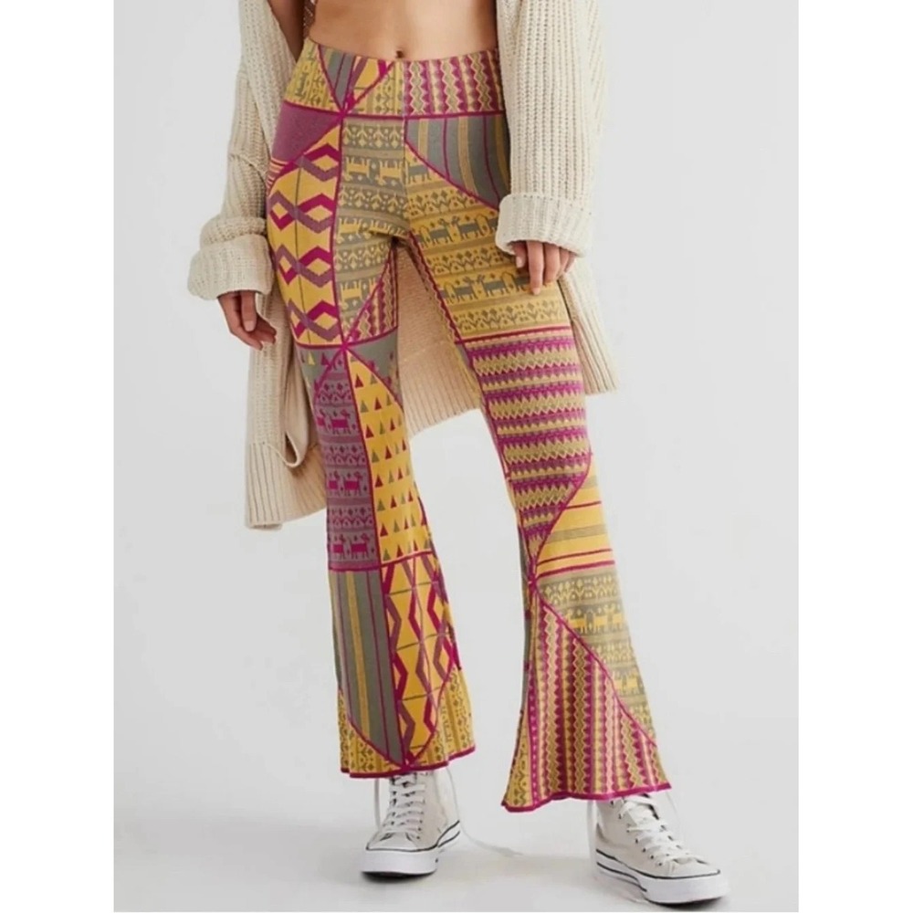 Free People Kaleidoscope Hippie Colorful Knit Sweater Flare Pants Sz L